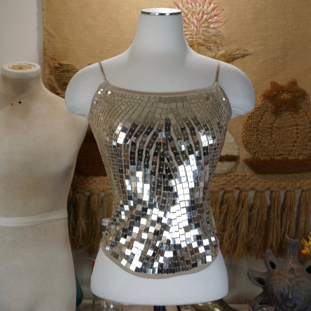 vintage bebe tan sequined disco silk knit tank top